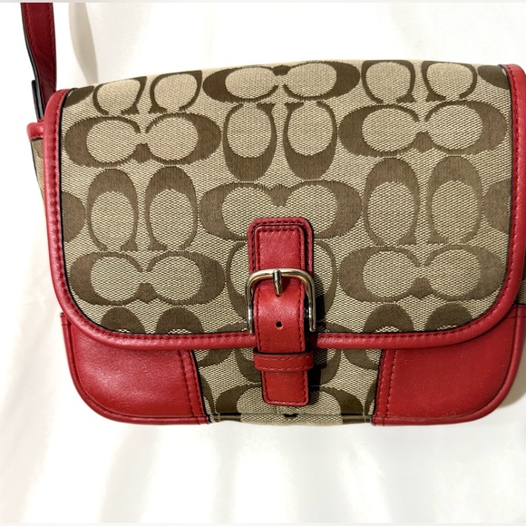 Authentic 2014 Coach Hadley Signature Field Crossbody Bag With Red Leather Trim - Picture 6 of 15